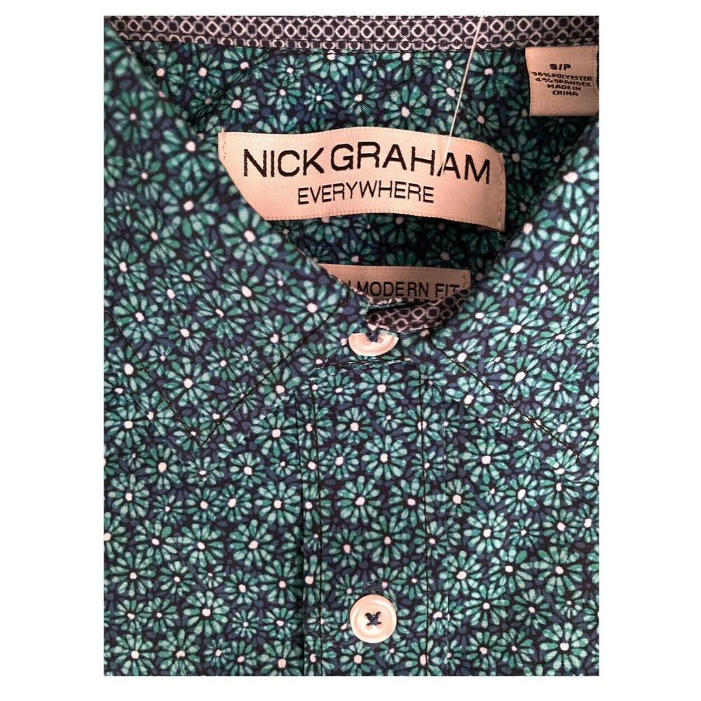Men's Small Nick Graham Stretch Quick-Dry Blue Green Floral Button Front New